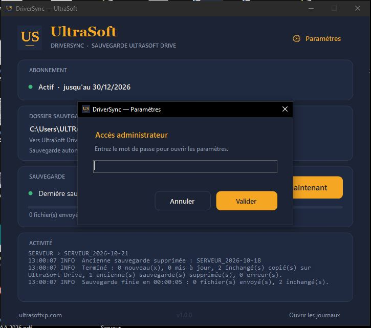 DriverSync : l’abonnement, le dossier surveillé, la dernière sauvegarde et le journal d’activité.