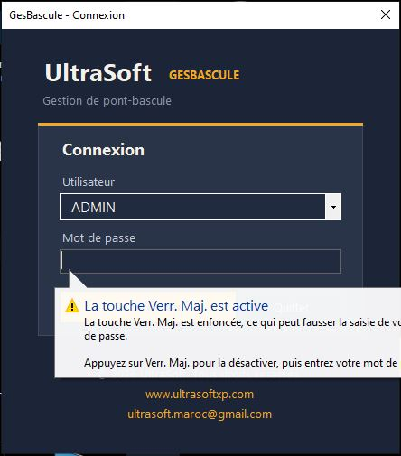 GesBascule : l’écran de connexion du poste de pesée.