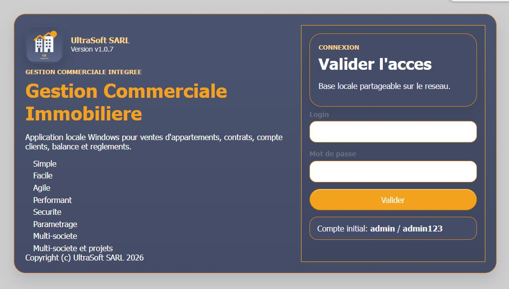 Gestion Commerciale Immobilière : l’écran d’ouverture de l’application.