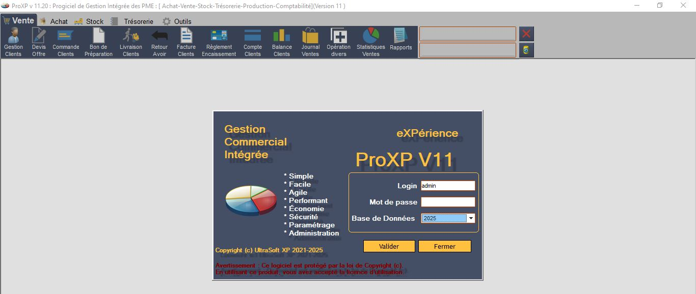 ProXP V11 : le progiciel de gestion intégrée, avec ses menus Vente, Achat, Stock, Trésorerie et Outils.